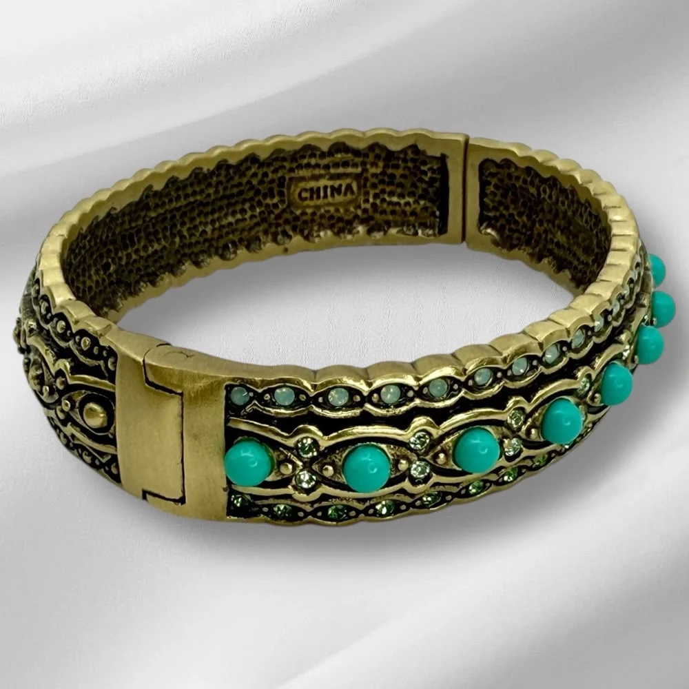 Vintage Heidi Daus Hinged Bangle Bracelet Turquoise Cabochon & Crystals Art Deco